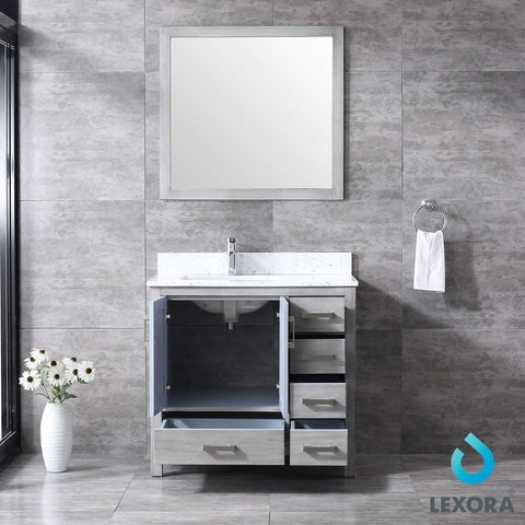 Image of Jacques 36" Distressed Grey Single Vanity | White Carrara Marble Top | White Square Sink and 34" Mirror - Left Version