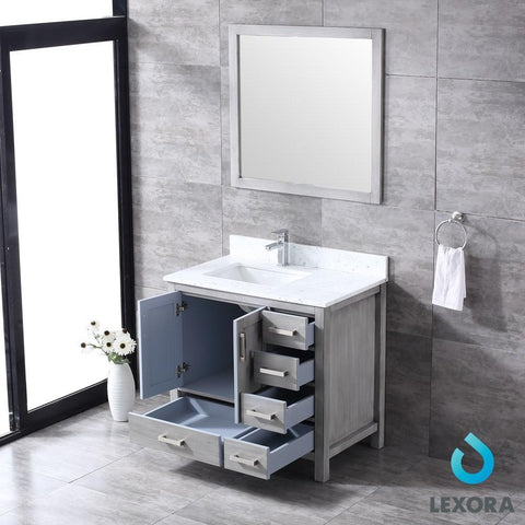 Image of Jacques 36" Distressed Grey Single Vanity | White Carrara Marble Top | White Square Sink and 34" Mirror - Left Version