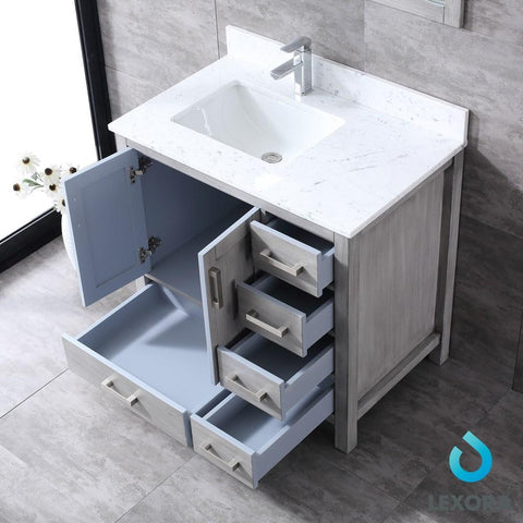 Image of Jacques 36" Distressed Grey Single Vanity | White Carrara Marble Top | White Square Sink and 34" Mirror - Left Version