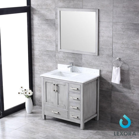 Image of Jacques 36" Distressed Grey Single Vanity | White Carrara Marble Top | White Square Sink and 34" Mirror - Left Version