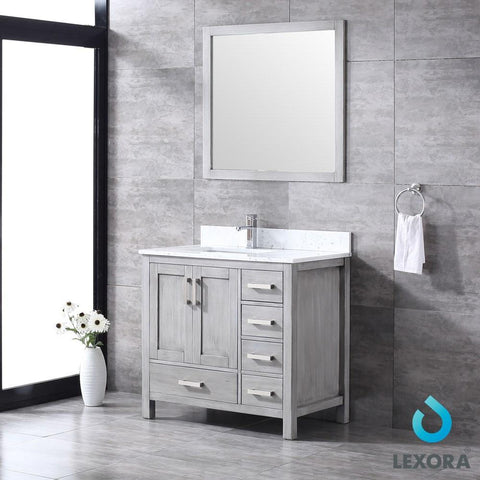 Image of Jacques 36" Distressed Grey Single Vanity | White Carrara Marble Top | White Square Sink and 34" Mirror - Left Version