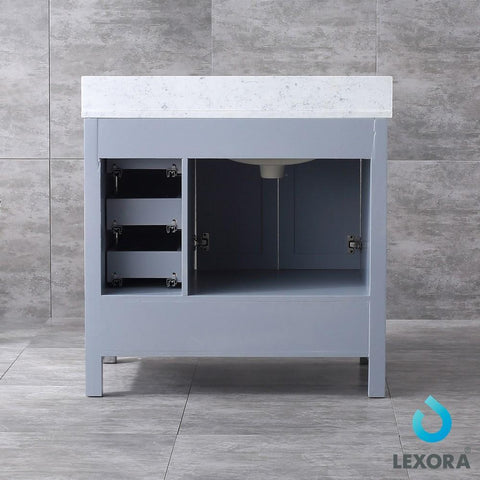 Image of Jacques 36" Distressed Grey Single Vanity | White Carrara Marble Top | White Square Sink and 34" Mirror - Left Version