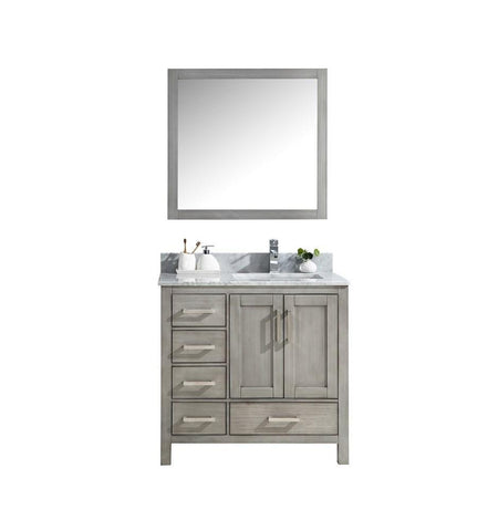 Image of Jacques 36" Distressed Grey Single Vanity | White Carrara Marble Top | White Square Sink and 34" Mirror - Right Version