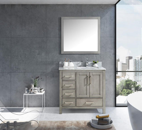 Image of Jacques 36" Distressed Grey Single Vanity | White Carrara Marble Top | White Square Sink and 34" Mirror - Right Version