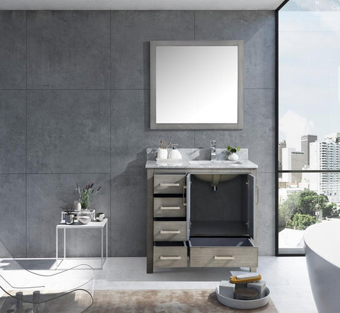 Image of Jacques 36" Distressed Grey Single Vanity | White Carrara Marble Top | White Square Sink and 34" Mirror - Right Version