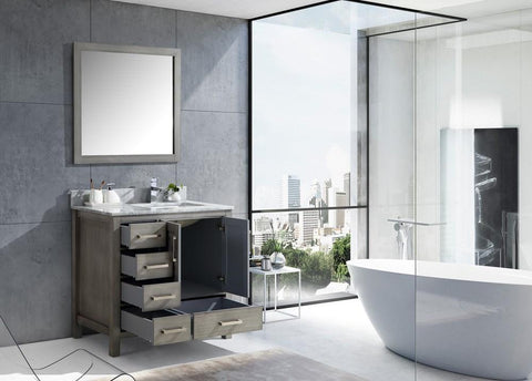 Image of Jacques 36" Distressed Grey Single Vanity | White Carrara Marble Top | White Square Sink and 34" Mirror - Right Version