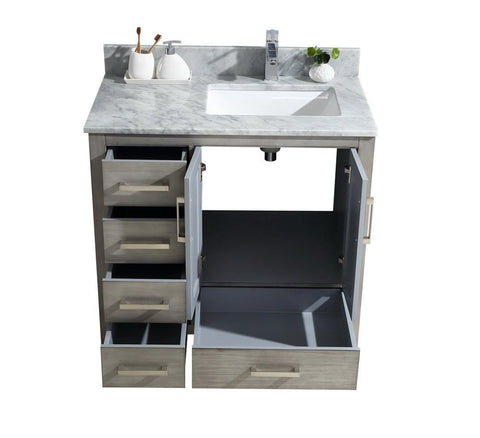 Image of Jacques 36" Distressed Grey Single Vanity | White Carrara Marble Top | White Square Sink and 34" Mirror - Right Version