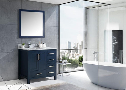 Image of Jacques 36" Navy Blue Single Vanity | White Carrara Marble Top | White Square Sink and 34" Mirror - Left Version