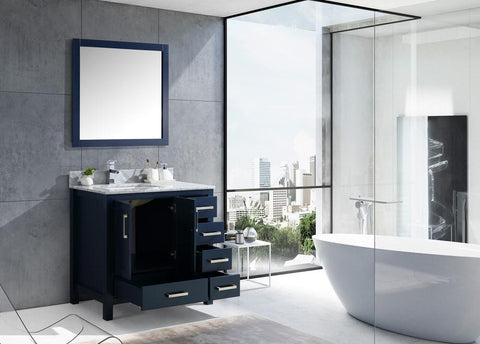 Image of Jacques 36" Navy Blue Single Vanity | White Carrara Marble Top | White Square Sink and 34" Mirror - Left Version