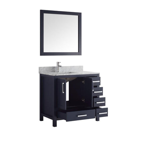 Image of Jacques 36" Navy Blue Single Vanity | White Carrara Marble Top | White Square Sink and 34" Mirror - Left Version