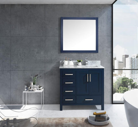 Image of Jacques 36" Navy Blue Single Vanity | White Carrara Marble Top | White Square Sink and 34" Mirror - Right Version