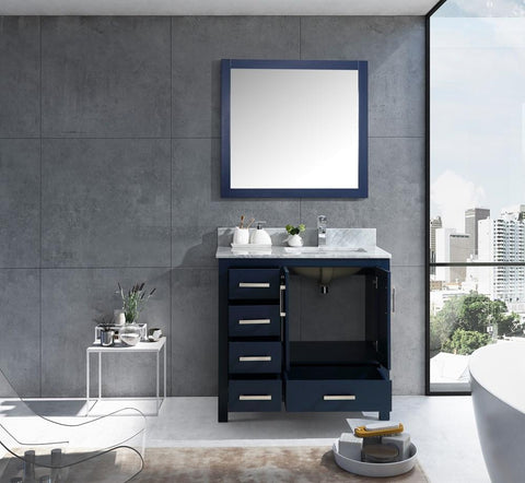 Image of Jacques 36" Navy Blue Single Vanity | White Carrara Marble Top | White Square Sink and 34" Mirror - Right Version