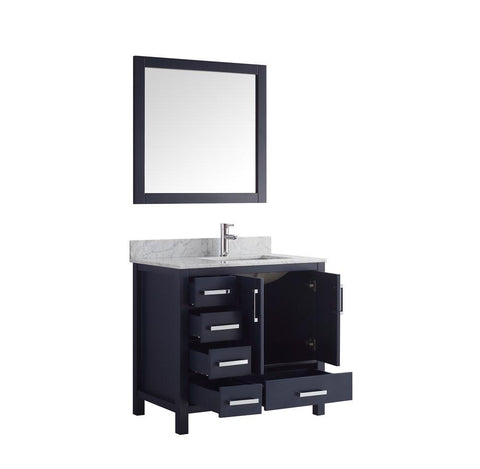 Image of Jacques 36" Navy Blue Single Vanity | White Carrara Marble Top | White Square Sink and 34" Mirror - Right Version