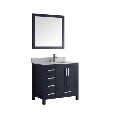 Image of Jacques 36" Navy Blue Single Vanity | White Carrara Marble Top | White Square Sink and 34" Mirror - Right Version