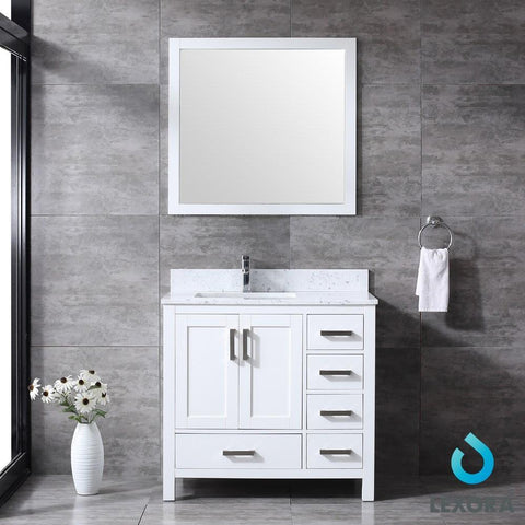 Image of Jacques 36" White Single Vanity | White Carrara Marble Top | White Square Sink and 34" Mirror - Left Version