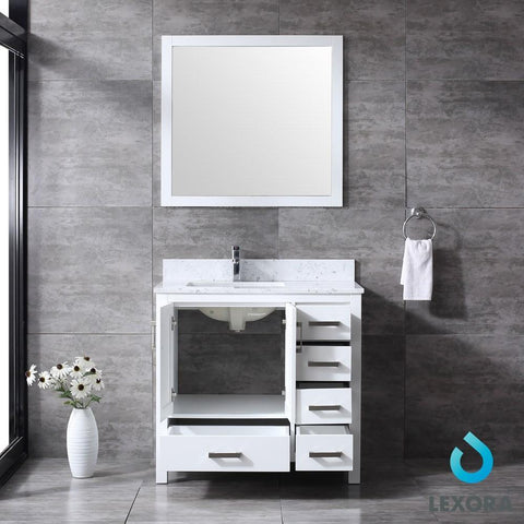 Image of Jacques 36" White Single Vanity | White Carrara Marble Top | White Square Sink and 34" Mirror - Left Version