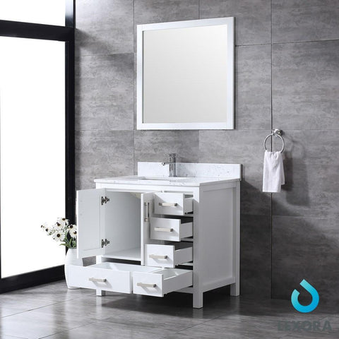 Image of Jacques 36" White Single Vanity | White Carrara Marble Top | White Square Sink and 34" Mirror - Left Version