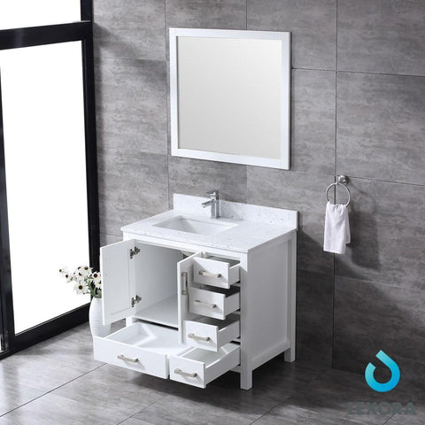 Image of Jacques 36" White Single Vanity | White Carrara Marble Top | White Square Sink and 34" Mirror - Left Version