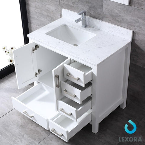 Image of Jacques 36" White Single Vanity | White Carrara Marble Top | White Square Sink and 34" Mirror - Left Version