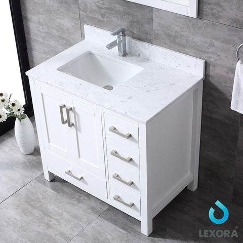 Image of Jacques 36" White Single Vanity | White Carrara Marble Top | White Square Sink and 34" Mirror - Left Version
