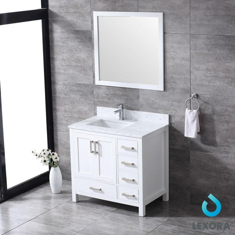 Image of Jacques 36" White Single Vanity | White Carrara Marble Top | White Square Sink and 34" Mirror - Left Version