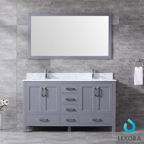 Image of Jacques 60" Dark Grey Double Vanity | White Carrara Marble Top | White Square Sinks and 58" Mirror
