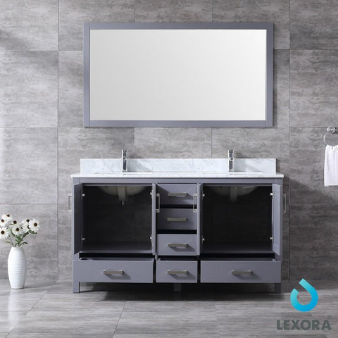 Image of Jacques 60" Dark Grey Double Vanity | White Carrara Marble Top | White Square Sinks and 58" Mirror