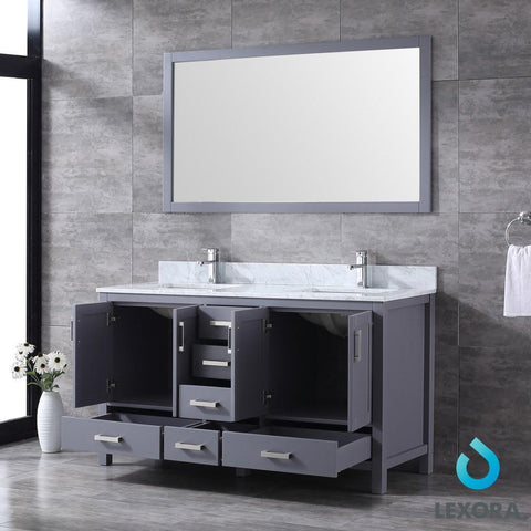 Image of Jacques 60" Dark Grey Double Vanity | White Carrara Marble Top | White Square Sinks and 58" Mirror