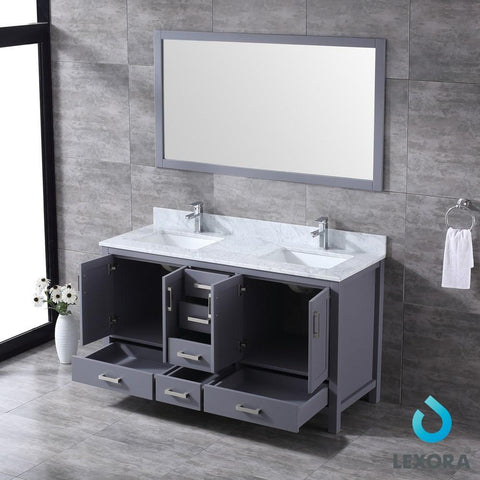 Image of Jacques 60" Dark Grey Double Vanity | White Carrara Marble Top | White Square Sinks and 58" Mirror
