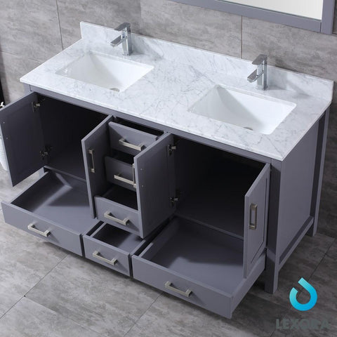 Image of Jacques 60" Dark Grey Double Vanity | White Carrara Marble Top | White Square Sinks and 58" Mirror