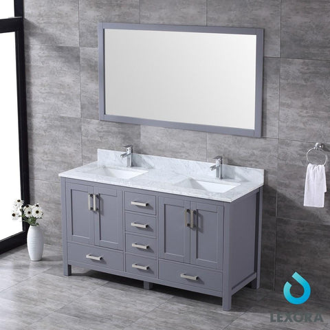Image of Jacques 60" Dark Grey Double Vanity | White Carrara Marble Top | White Square Sinks and 58" Mirror