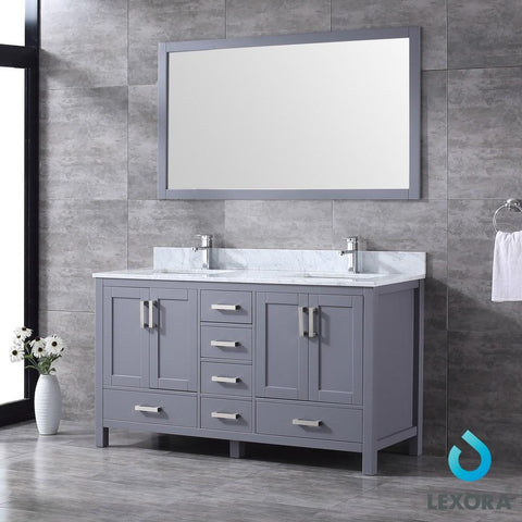 Image of Jacques 60" Dark Grey Double Vanity | White Carrara Marble Top | White Square Sinks and 58" Mirror