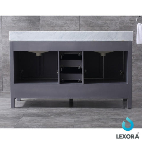 Image of Jacques 60" Dark Grey Double Vanity | White Carrara Marble Top | White Square Sinks and 58" Mirror