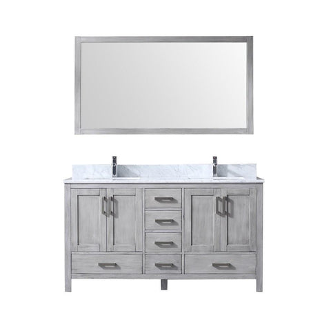 Image of Jacques 60" Distressed Grey Double Vanity | White Carrara Marble Top | White Square Sinks and 58" Mirror