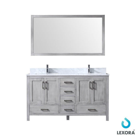 Image of Jacques 60" Distressed Grey Double Vanity | White Carrara Marble Top | White Square Sinks and 58" Mirror