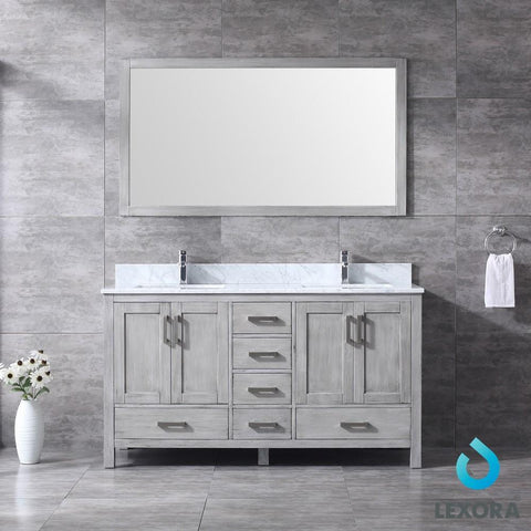 Image of Jacques 60" Distressed Grey Double Vanity | White Carrara Marble Top | White Square Sinks and 58" Mirror