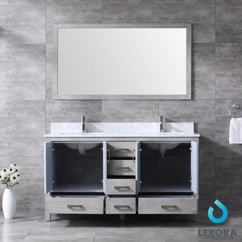 Image of Jacques 60" Distressed Grey Double Vanity | White Carrara Marble Top | White Square Sinks and 58" Mirror