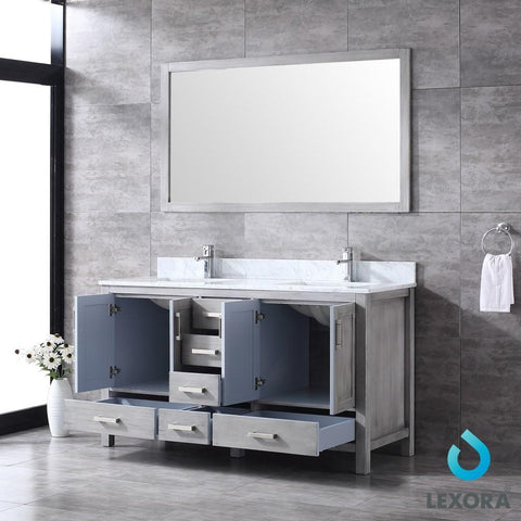 Image of Jacques 60" Distressed Grey Double Vanity | White Carrara Marble Top | White Square Sinks and 58" Mirror
