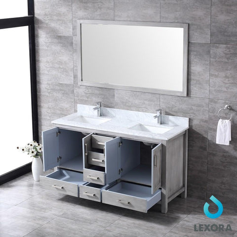 Image of Jacques 60" Distressed Grey Double Vanity | White Carrara Marble Top | White Square Sinks and 58" Mirror