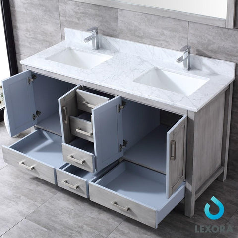 Image of Jacques 60" Distressed Grey Double Vanity | White Carrara Marble Top | White Square Sinks and 58" Mirror