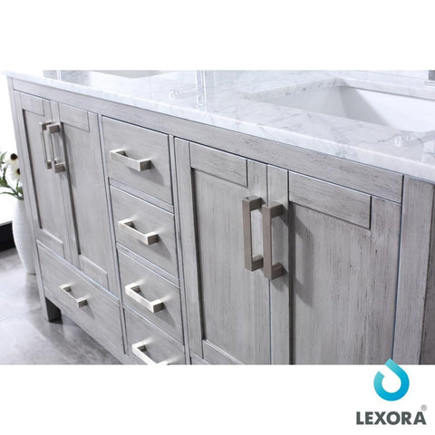 Image of Jacques 60" Distressed Grey Double Vanity | White Carrara Marble Top | White Square Sinks and 58" Mirror