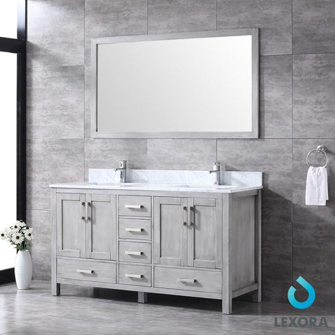 Image of Jacques 60" Distressed Grey Double Vanity | White Carrara Marble Top | White Square Sinks and 58" Mirror