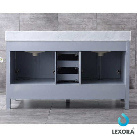 Image of Jacques 60" Distressed Grey Double Vanity | White Carrara Marble Top | White Square Sinks and 58" Mirror