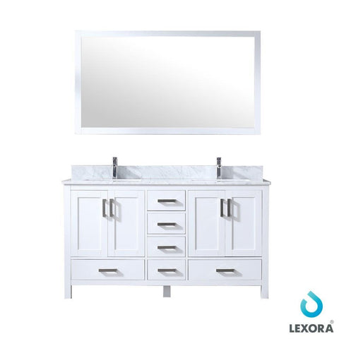 Image of Jacques 60" White Double Vanity | White Carrara Marble Top | White Square Sinks and 58" Mirror