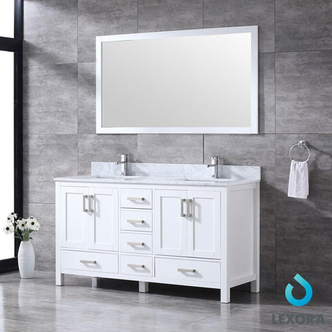 Image of Jacques 60" White Double Vanity | White Carrara Marble Top | White Square Sinks and 58" Mirror