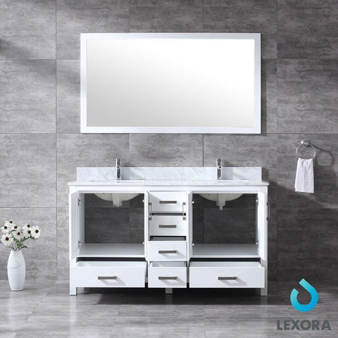 Image of Jacques 60" White Double Vanity | White Carrara Marble Top | White Square Sinks and 58" Mirror