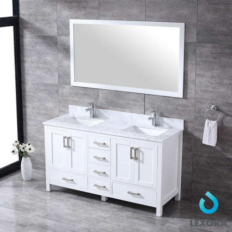 Image of Jacques 60" White Double Vanity | White Carrara Marble Top | White Square Sinks and 58" Mirror