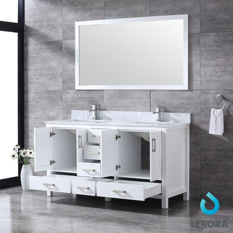 Image of Jacques 60" White Double Vanity | White Carrara Marble Top | White Square Sinks and 58" Mirror