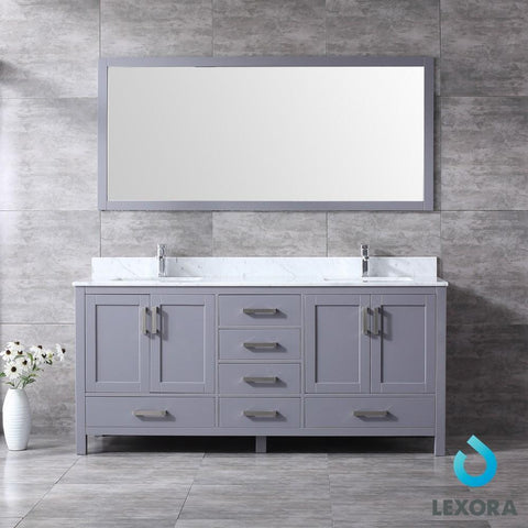 Image of Jacques 72" Dark Grey Double Vanity | White Carrara Marble Top | White Square Sinks and 70" Mirror