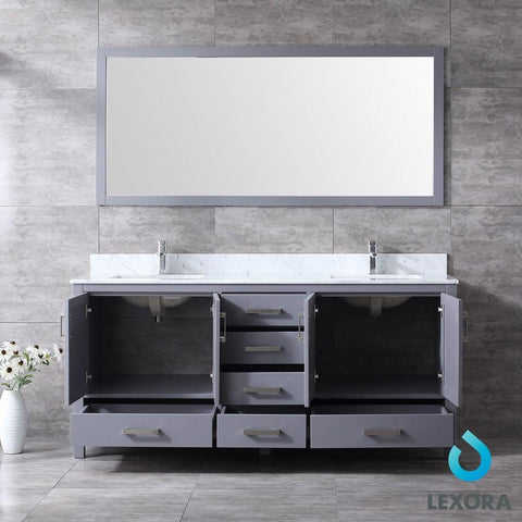 Image of Jacques 72" Dark Grey Double Vanity | White Carrara Marble Top | White Square Sinks and 70" Mirror